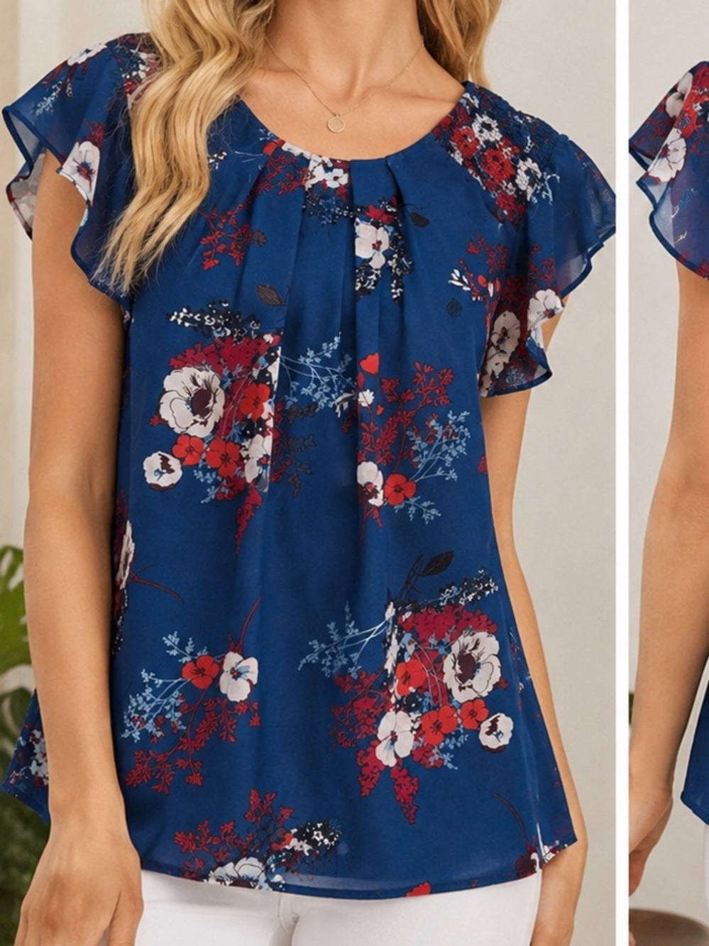 Blue Rain Floral Tunic Blouse Small Boho Flutter Sleeve Lined Top Francesca’s